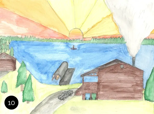 Dessin d'élève : un chalet au bord d'un lac au coucher du soleil
