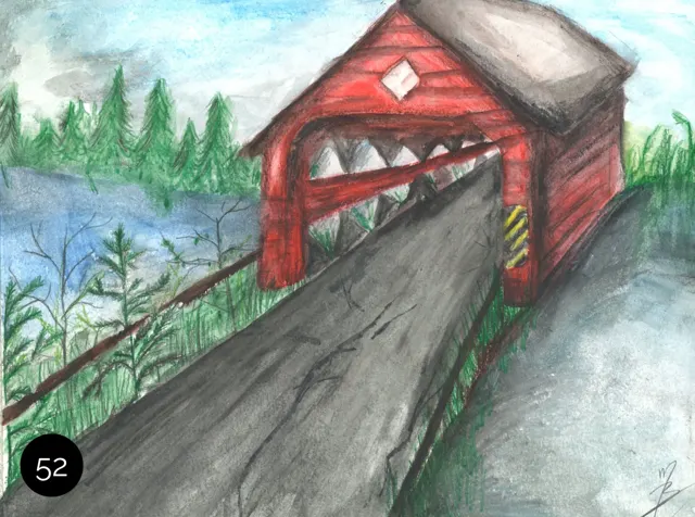 Dessin d'élève : un pont couvert rouge au bout d'une route bordée de forêt