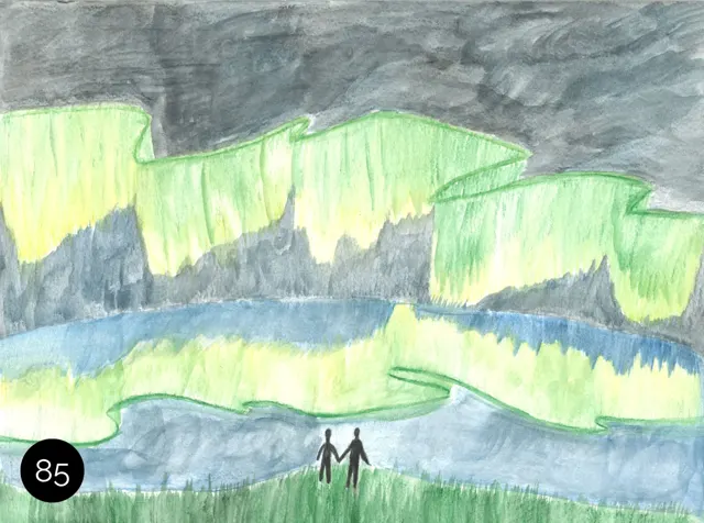 Dessin d'élève : des aurores boréales vertes au-dessus d'un lac